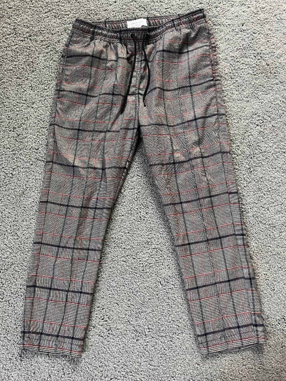 Plaid Drawstring Jogger Pants - Gray with Red Windowpane